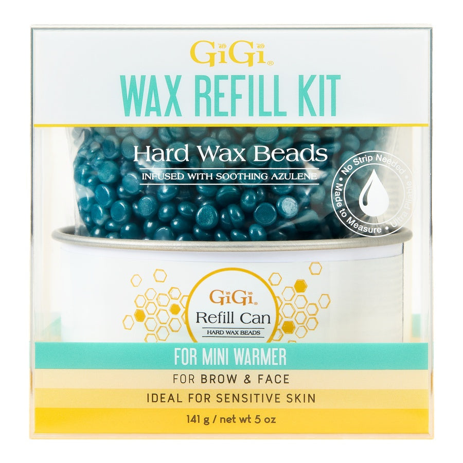 Front view of GiGi Hard Wax Beads Refill Kit with soothing azulene, designed for sensitive skin.