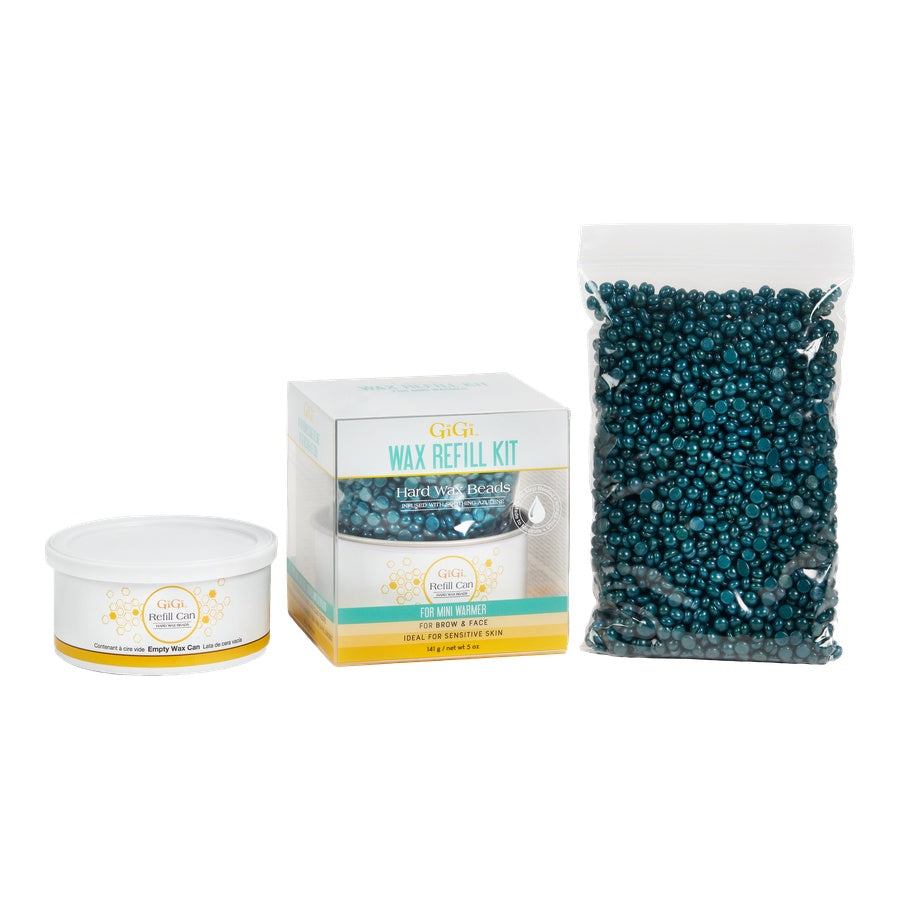 GiGi Hard Wax Refill Kit with teal beads, refill can, and packaging for mini wax warmer.