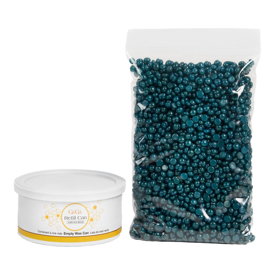 GiGi empty refill can and resealable bag filled with soothing azulene hard wax beads for face and brow.