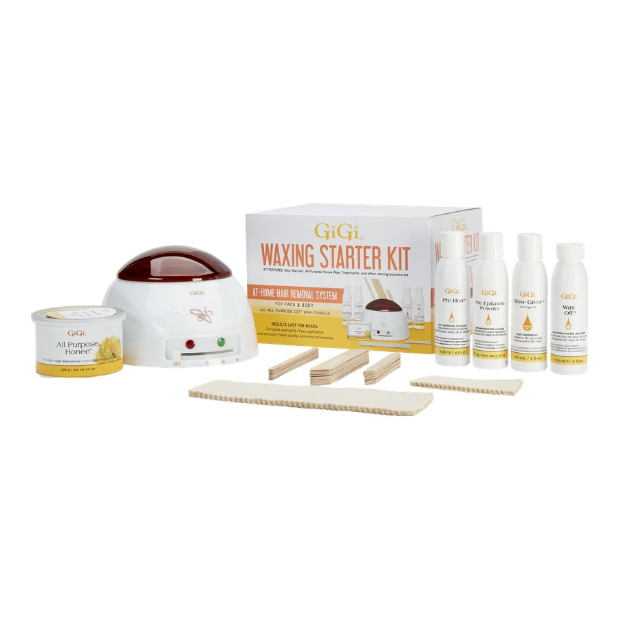 GiGi Waxing Starter Kit featuring Box, Wax Warmer, All Purpose Honee Wax, Waxing Care Products, Applicators, & Muslin Strips