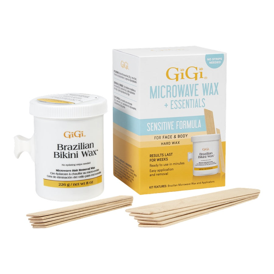GiGi Sensitive Formula Brazilian Bikini Microwave Wax & Essentials box alongside contents of wax & sets of applicators