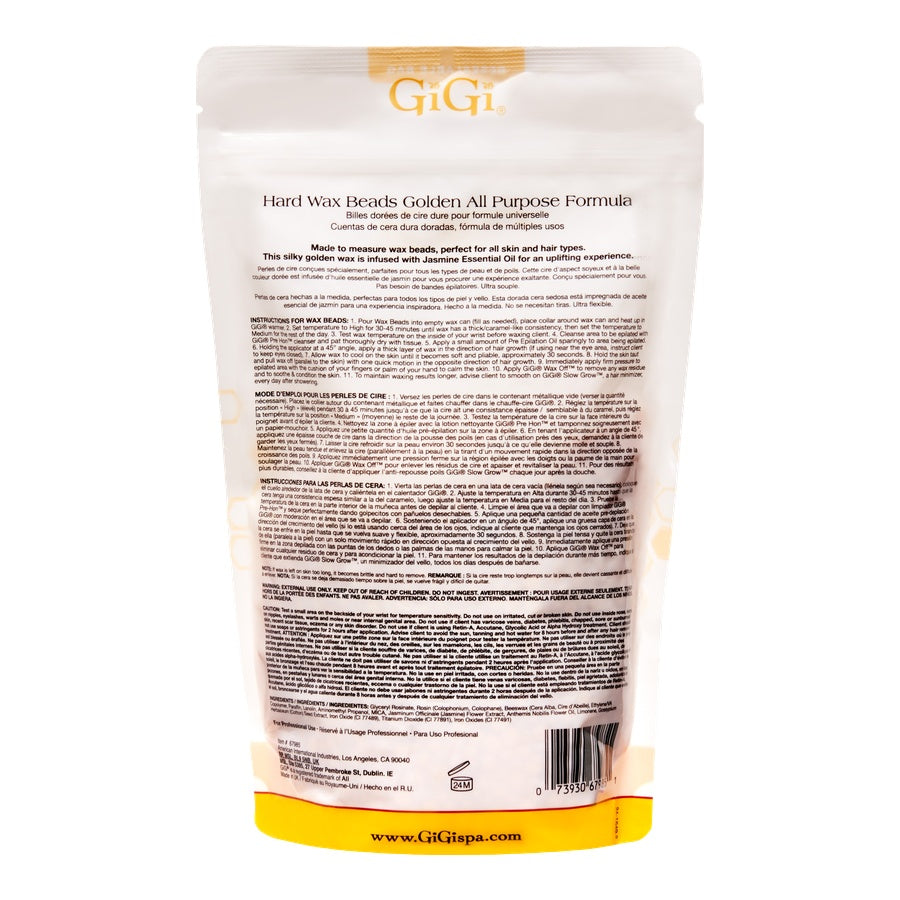 GiGi hard wax beads packaging with text on a white background