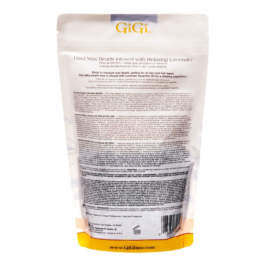 Packaging of GiGi hard wax beads with lavender essential oil on a white background