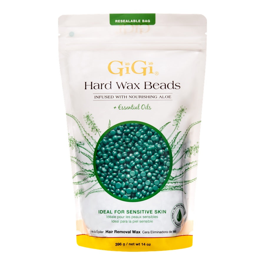 Packaging of GiGi hard wax beads with green beads and aloe vera illustration on a white background.