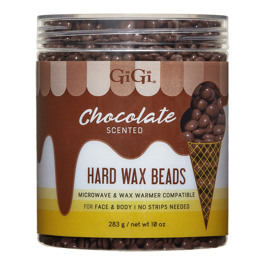 Container of GiGi chocolate scented hard wax beads on a white background