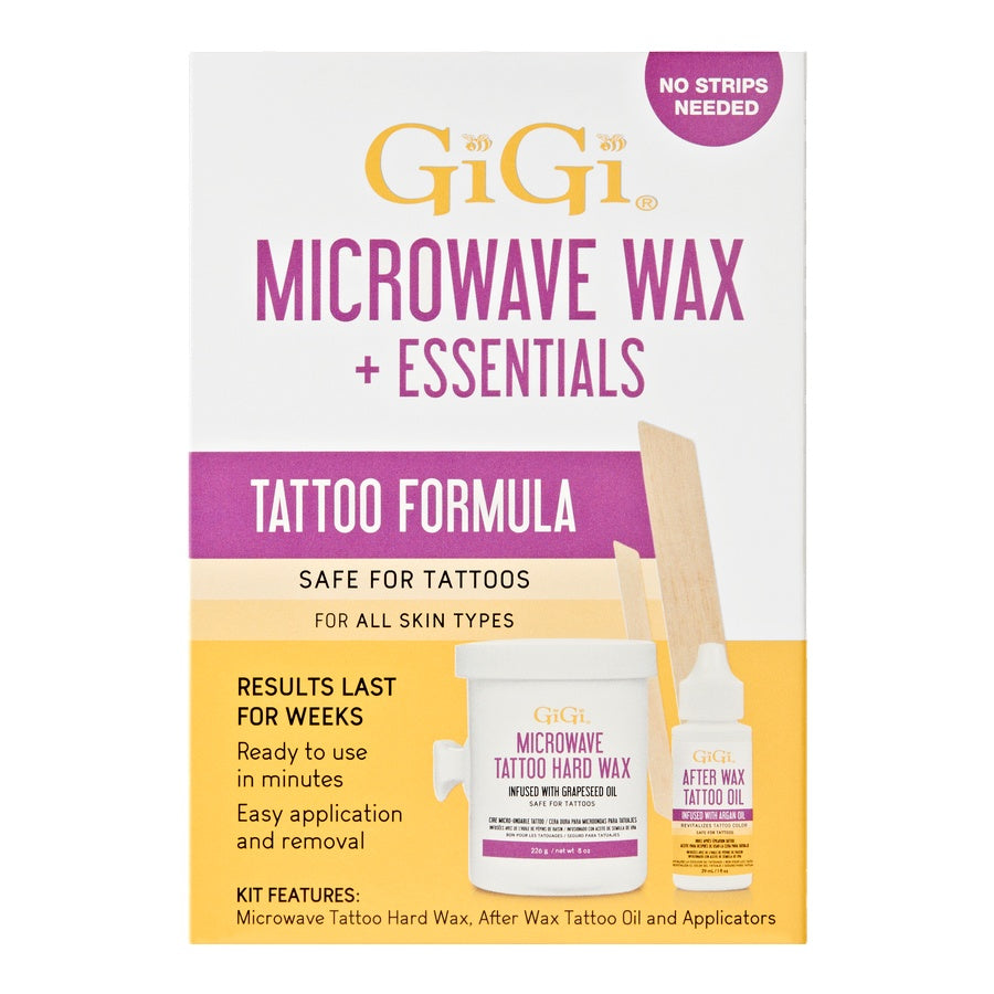GiGi Microwave Wax + Essentials box highlighting tattoo-safe hard wax and oil with no strips needed.