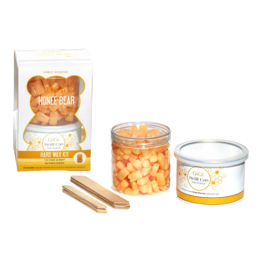 GiGi Honee Bear Hard Wax Kit with bear-shaped wax beads, empty refill can, and wood applicators.
