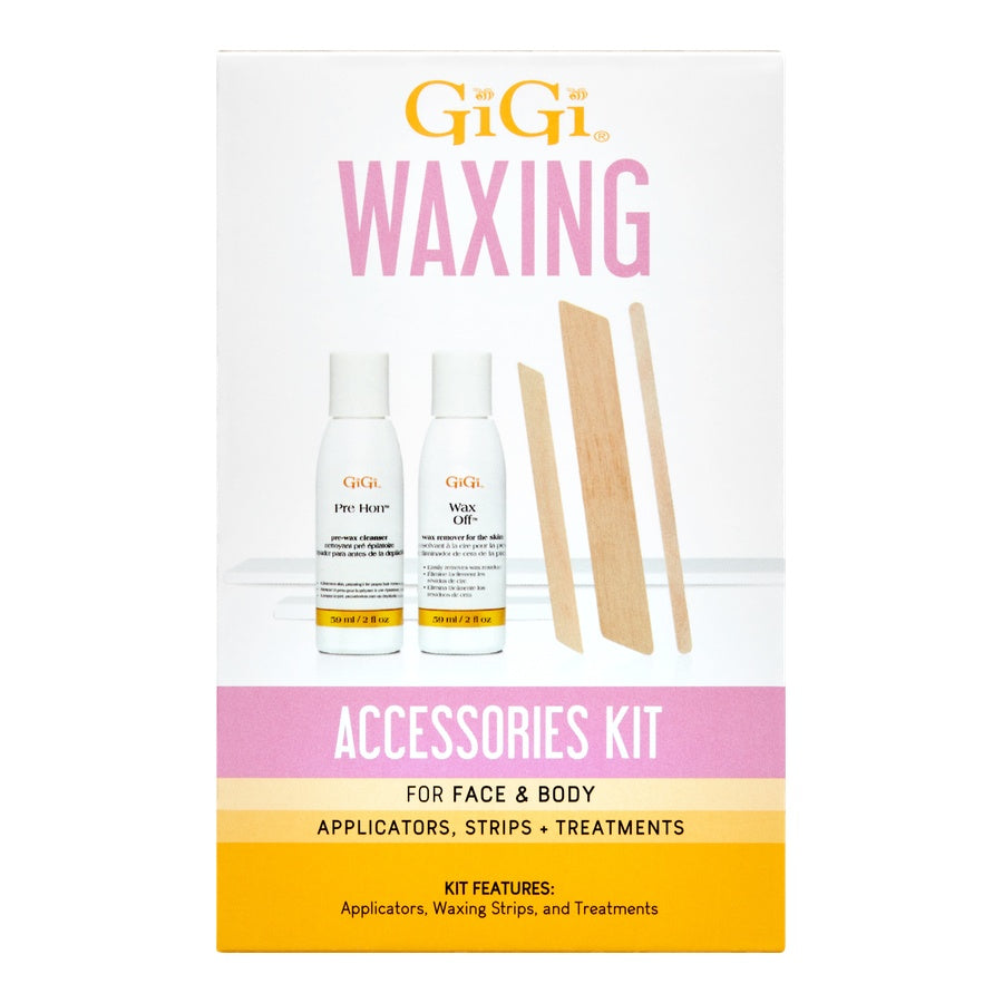 GiGi waxing accessories kit packaging with two bottles and applicators on a white background