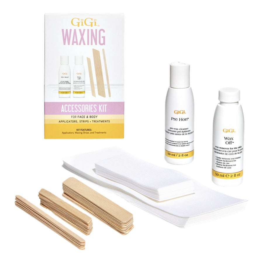 GiGi waxing accessories kit with bottles, strips, and packaging on a white background