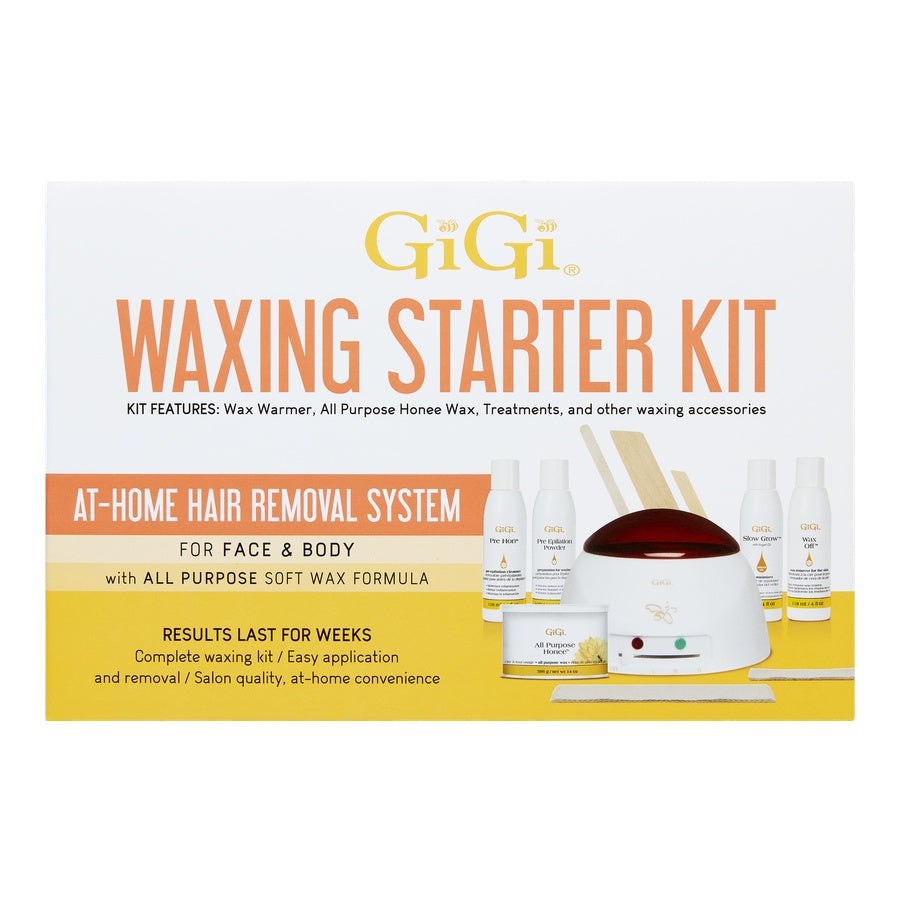 The front side of GiGi Waxing Starter Kit retail box packaging depicting its contents