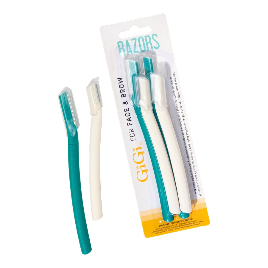 Packaged razors for face and brow with GIGI branding on a white background