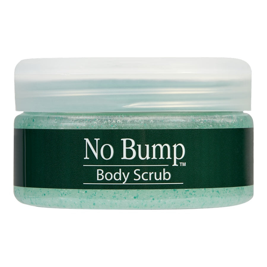 Jar of 'No Bump Body Scrub' on a white background