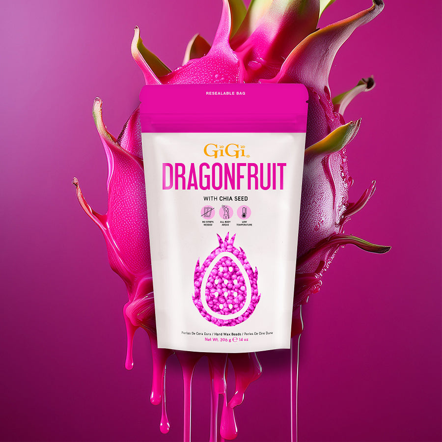 Dragon Fruit Wax Beads Packaging with a dragonfruit in the background