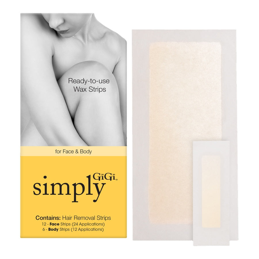 GiGi hair removal strips packaging with a close-up of wax strips on a white background