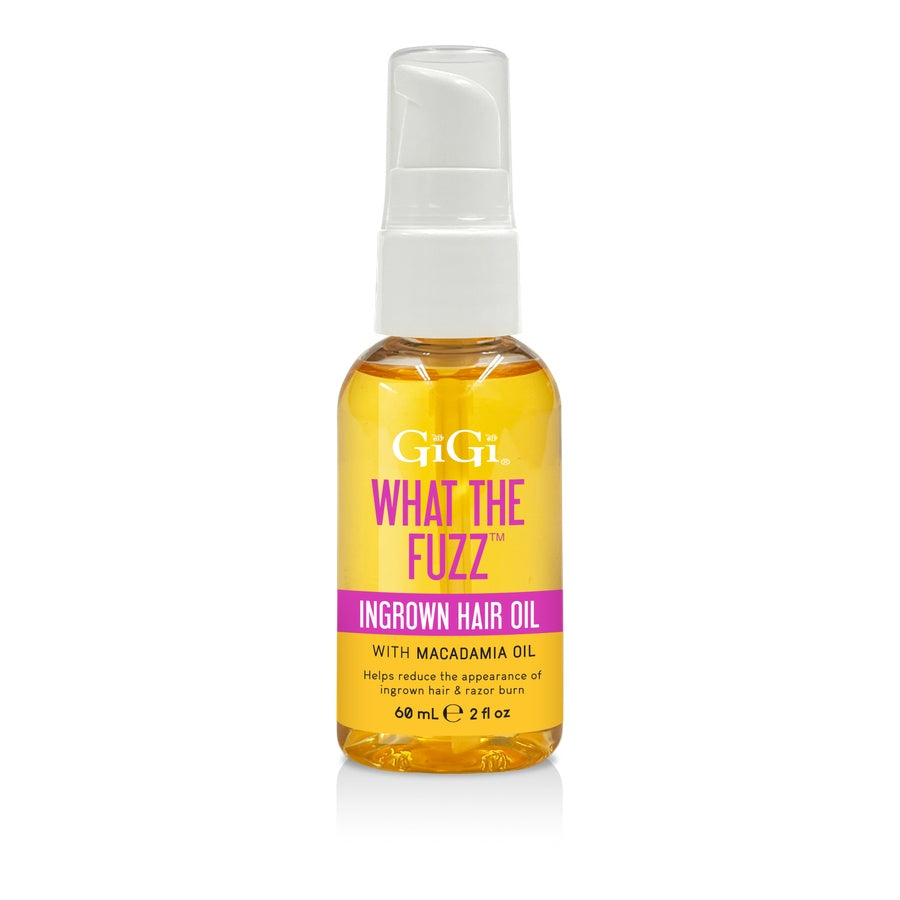 Bottle of GIGI What The Fuzz ingrown hair oil on a white background