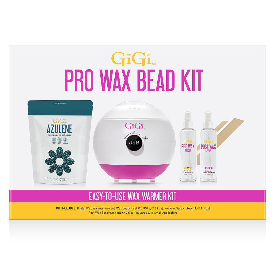 GiGi Pro Wax Bead Kit packaging with wax warmer, beads, and sprays on a white background