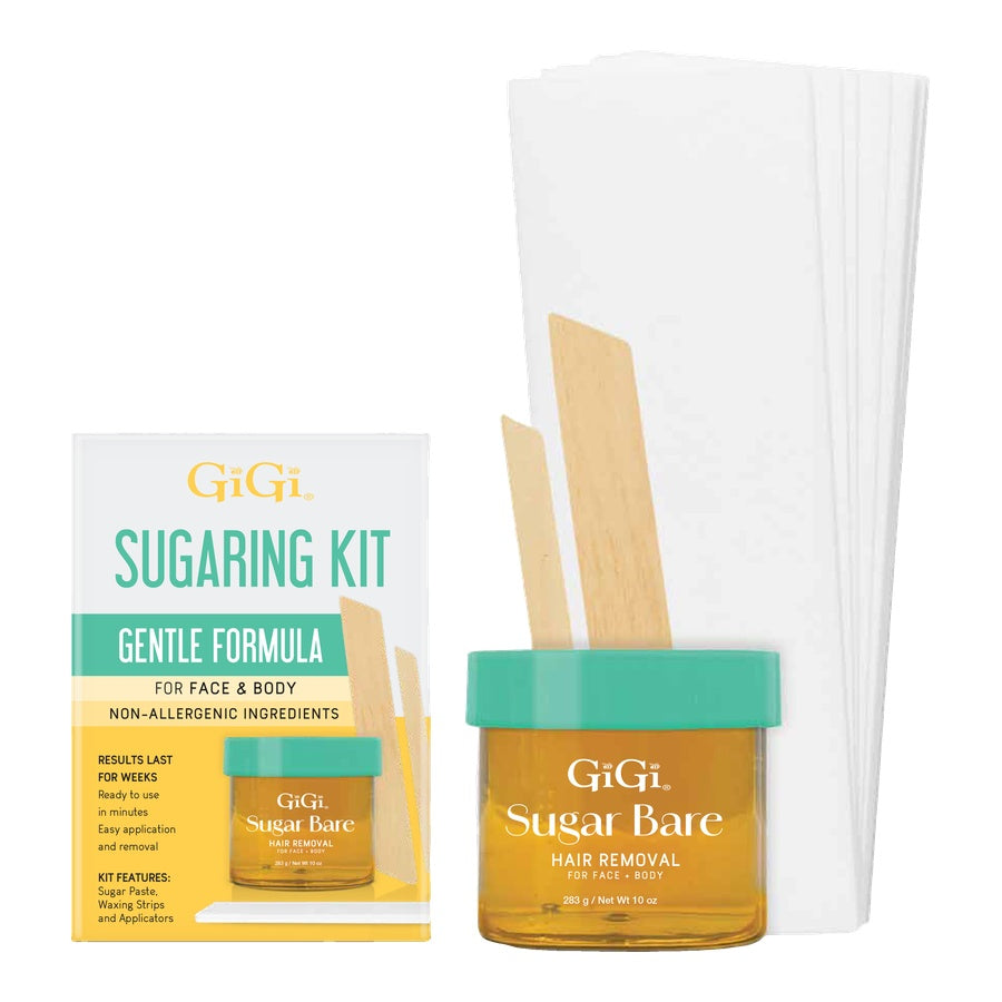 GiGi Sugaring Kit with Sugar Bare jar, strips, and spatulas for gentle face and body hair removal.