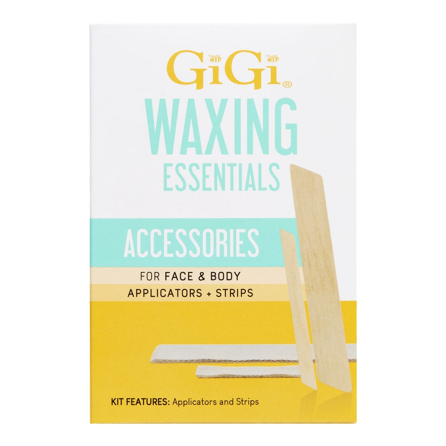 GiGi waxing essentials packaging with applicators and strips on a white background