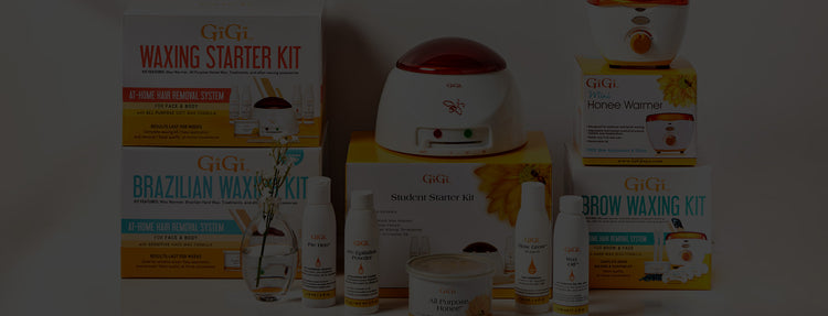 Collection of GiGi waxing products including starter kit, Brazilian wax kit, and hair removal items on a white background.