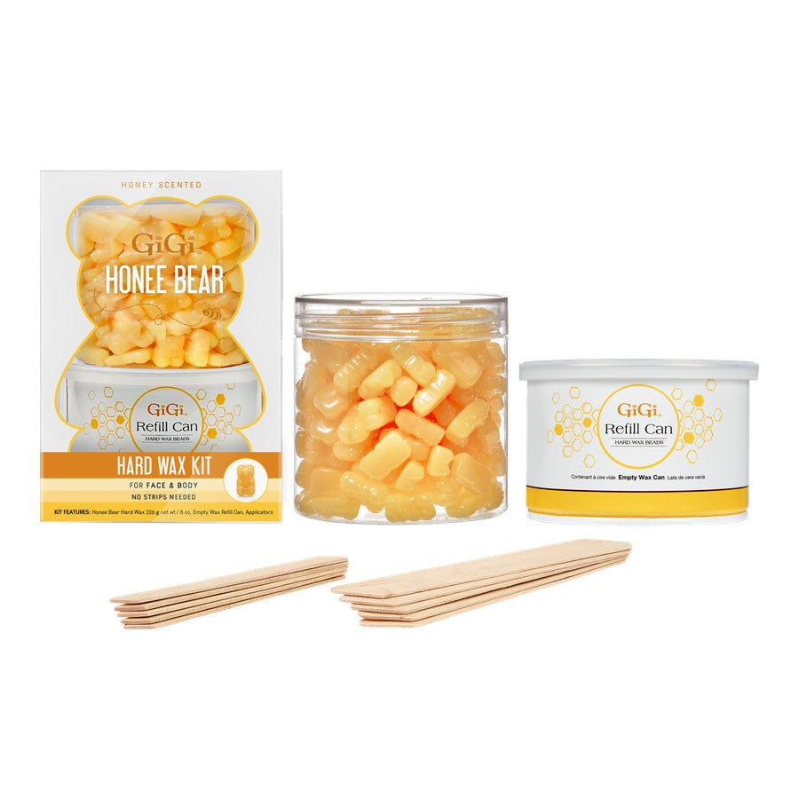 GiGi Honee Bear Hard Wax Kit with bear-shaped wax beads, empty refill can, and wood applicators.