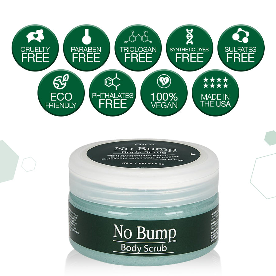 Jar of 'No Bump' body scrub with green certification icons on a white background