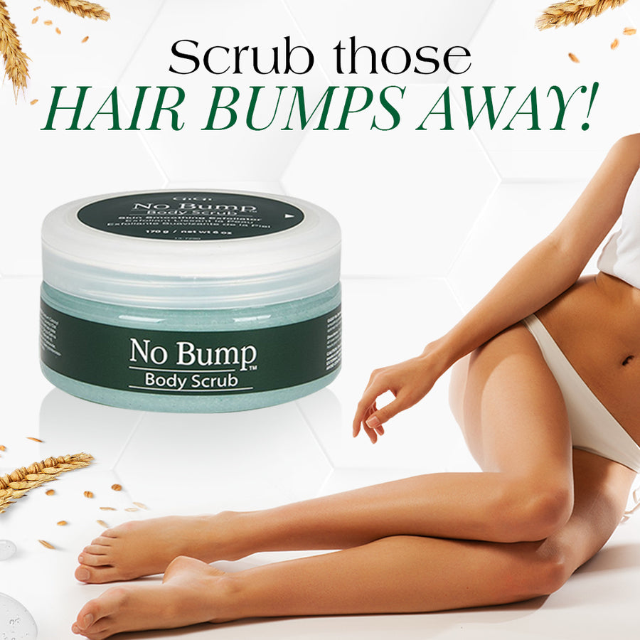 No Bump Body Scrub with a person using it on their legs, surrounded by wheat stalks.