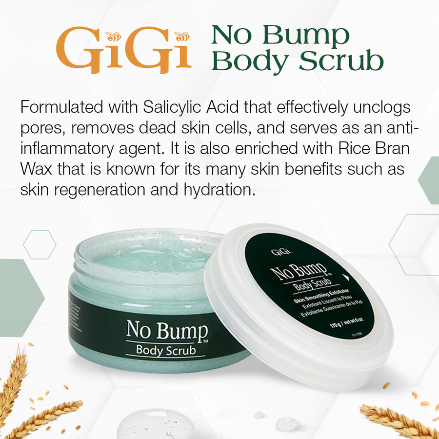 GiGi No Bump Body Scrub jar with product description on a white background