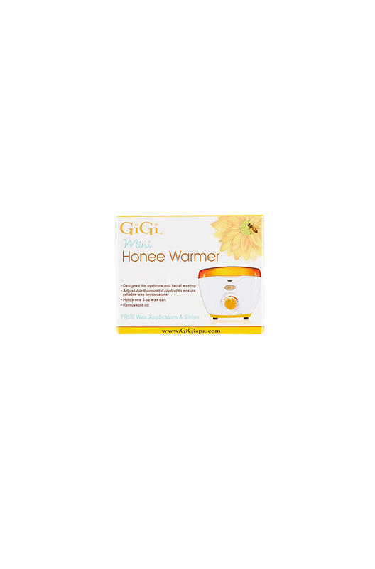 The front side of GiGi Honee Wax Warmer retail box depicting the wax warmer with detailed product information 