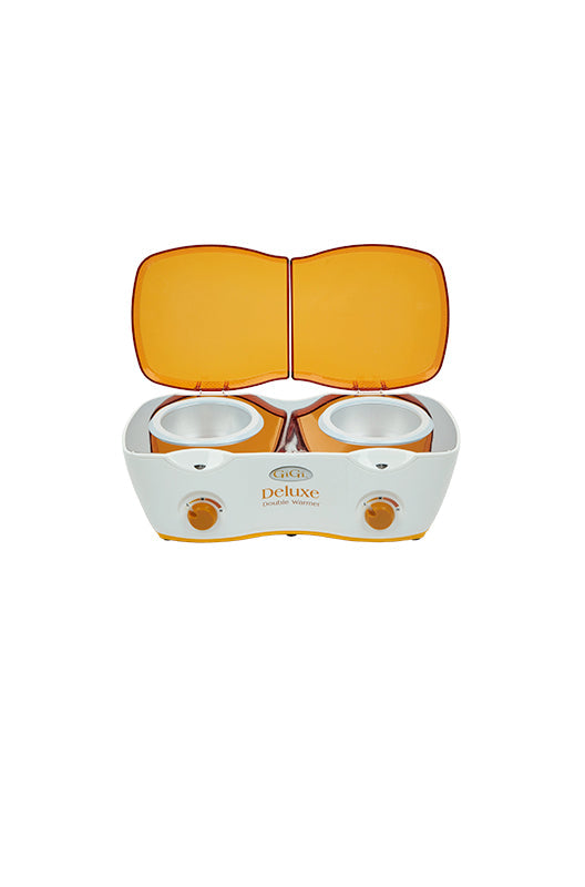 Angled top view of GiGi Double Wax Warmer with its lids open showing its 2 wax can receptacles 