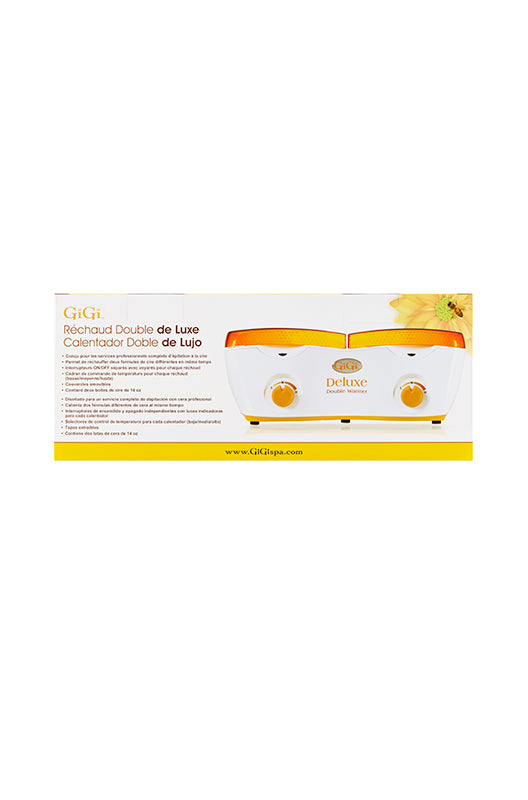 The face of GiGi Double Wax Warmer retail box packaging with product name, features , and information translated into Spanish