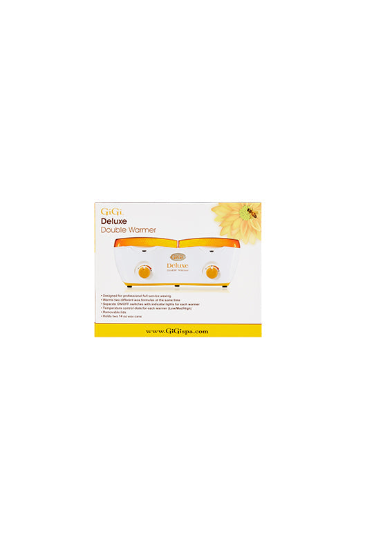 Side of Gigi Double Wax Warmer retail box depicting the wax warmer and additional product information