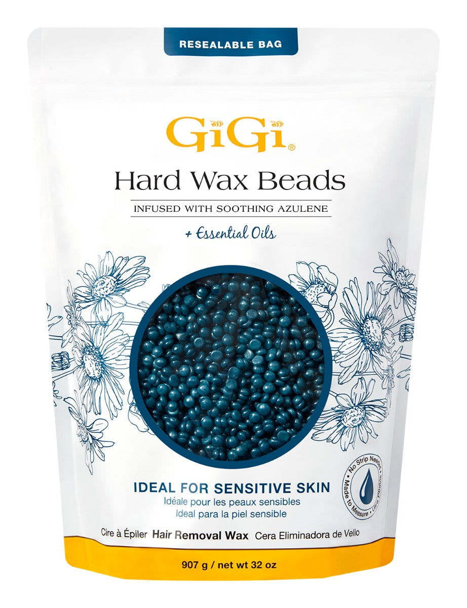 GiGi Hard Wax Beads with soothing azulene and essential oils in 32 oz resealable bag for sensitive skin.