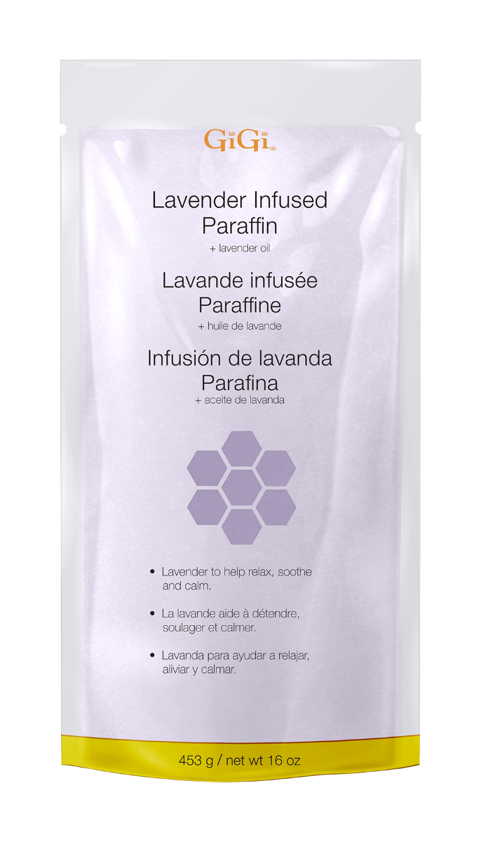 Front view of GiGi Lavender Infused Paraffin Wax 16 ounce pack with the product name in English, French, & Spanish