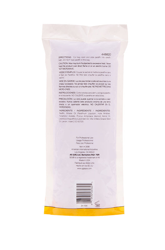 Back of GiGi Lavender Infused Paraffin Wax pack with product information, usage instructions, & barcode