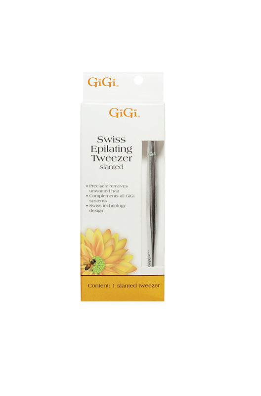 Front view of a wall hook ready packaging of a swiss slanted tweezer with the labeled text