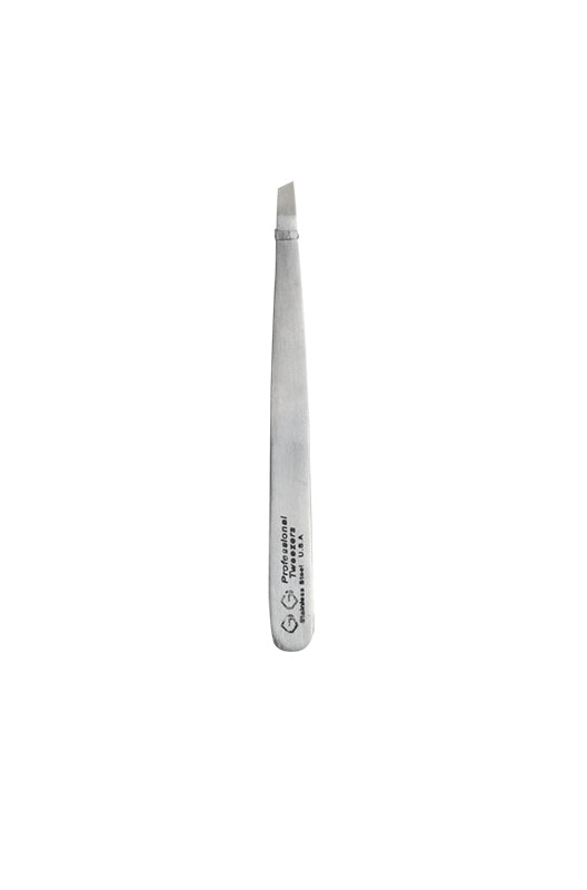 Frontage look of a swiss stainless tweezer with a slanted end featuring the detail of tweezer