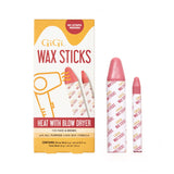GiGi Wax Sticks box and two pink wax sticks for face and brows, heat-activated, no strips needed.