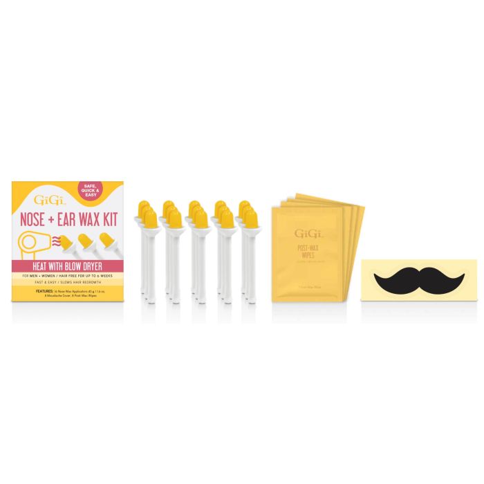 GiGi Nose & Ear Wax Kit includes 6 yellow applicators, wipes, and moustache cover for easy waxing.