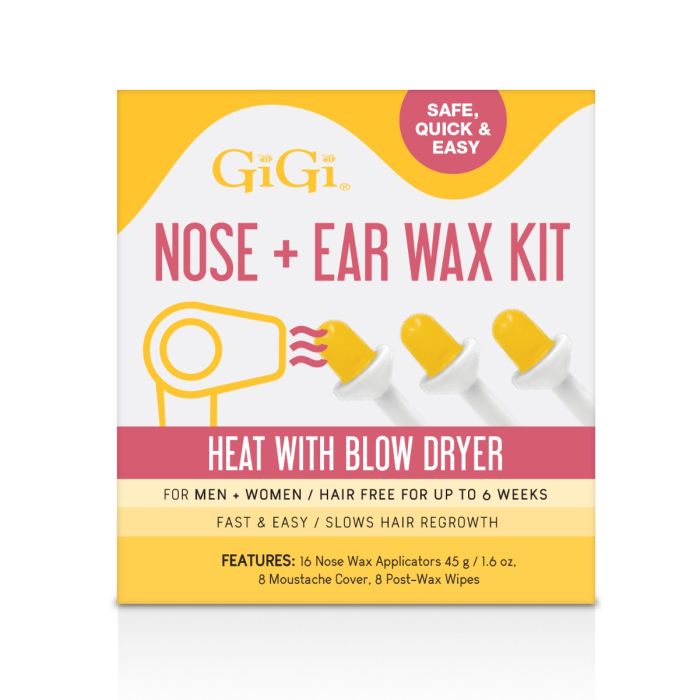 GiGi Nose & Ear Wax Kit packaging showing yellow-tipped applicators, safe for men and women.