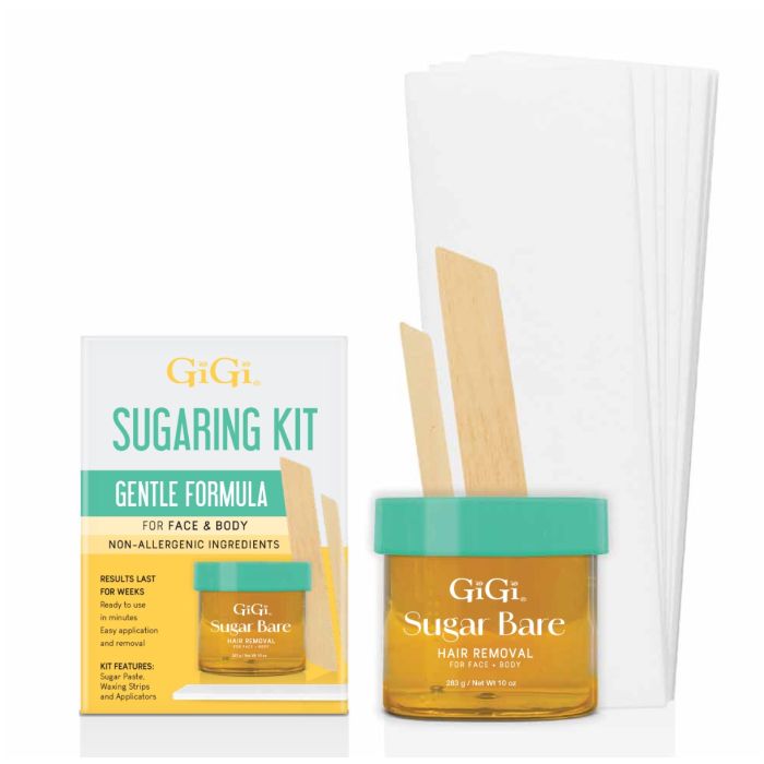 GiGi Sugaring Kit with Sugar Bare jar, strips, and spatulas for gentle face and body hair removal.