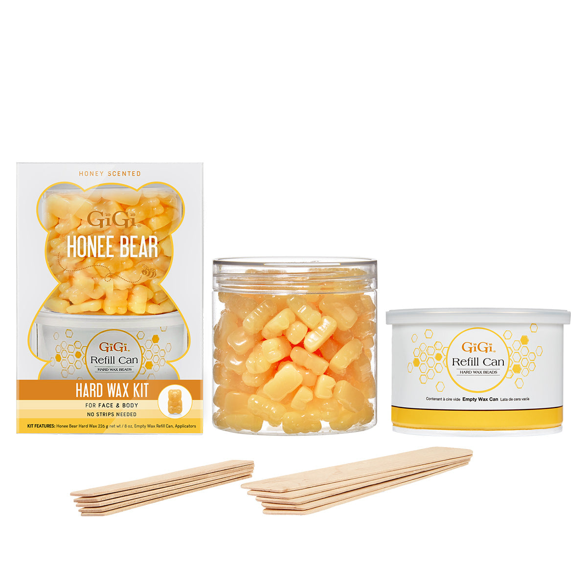 GiGi Honee Bear Hard Wax Kit with bear-shaped wax beads, empty refill can, and wood applicators.