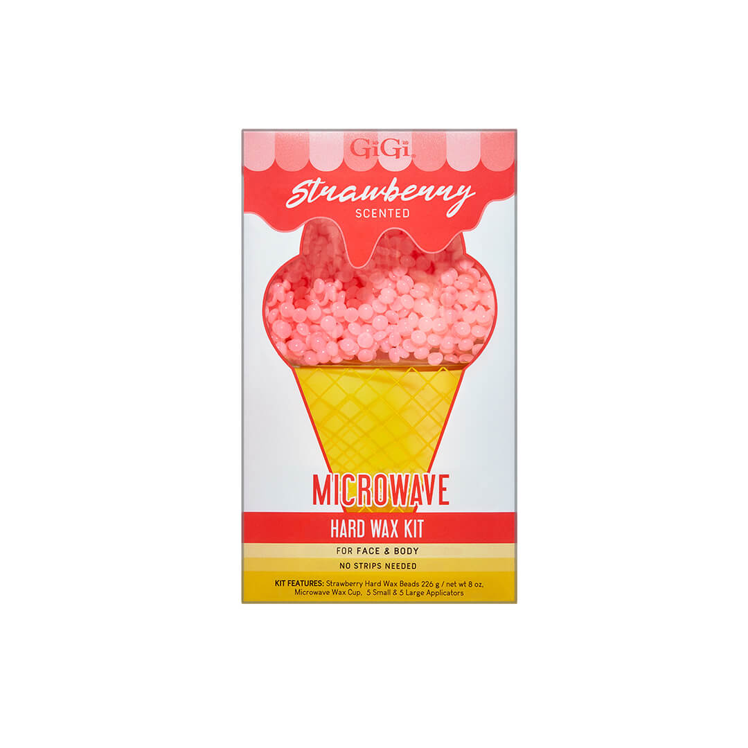 GiGi Strawberry Hard Wax Kit in ice cream-themed box, microwave-ready wax for face and body