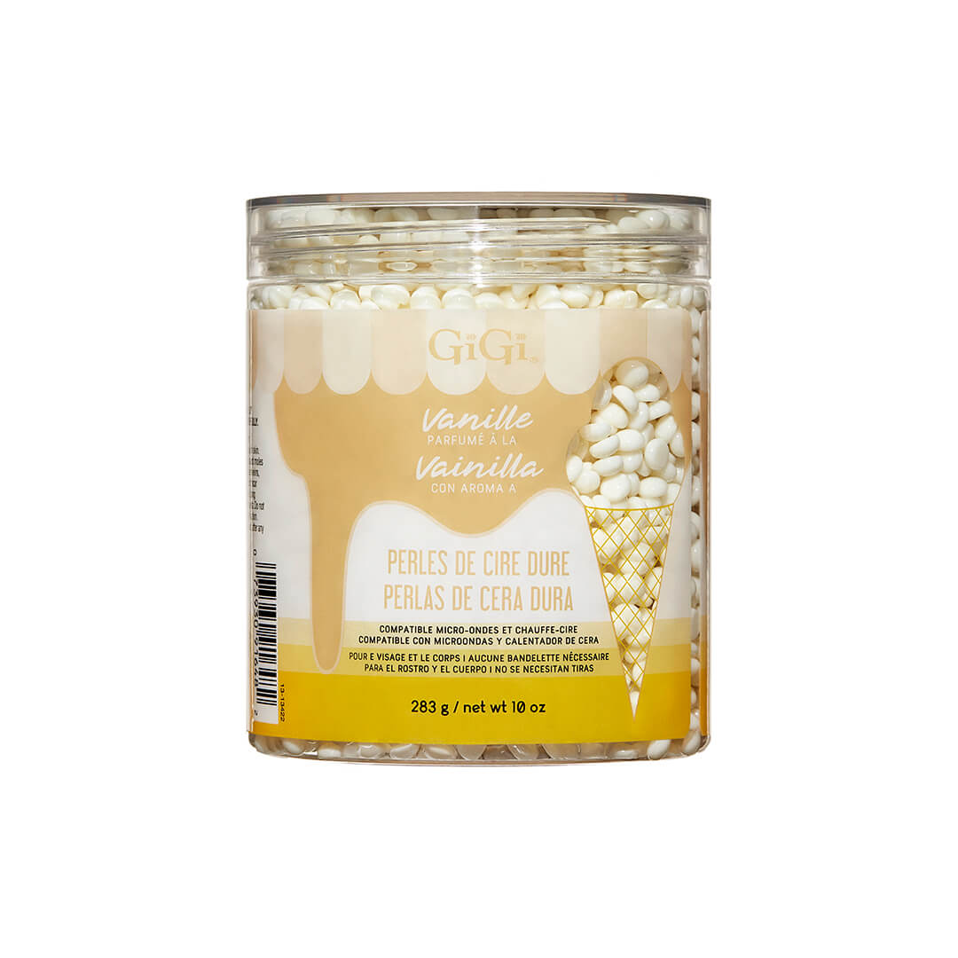 GiGi Vanilla Hard Wax Beads multilingual jar, soft vanilla-scented wax ideal for microwave heating