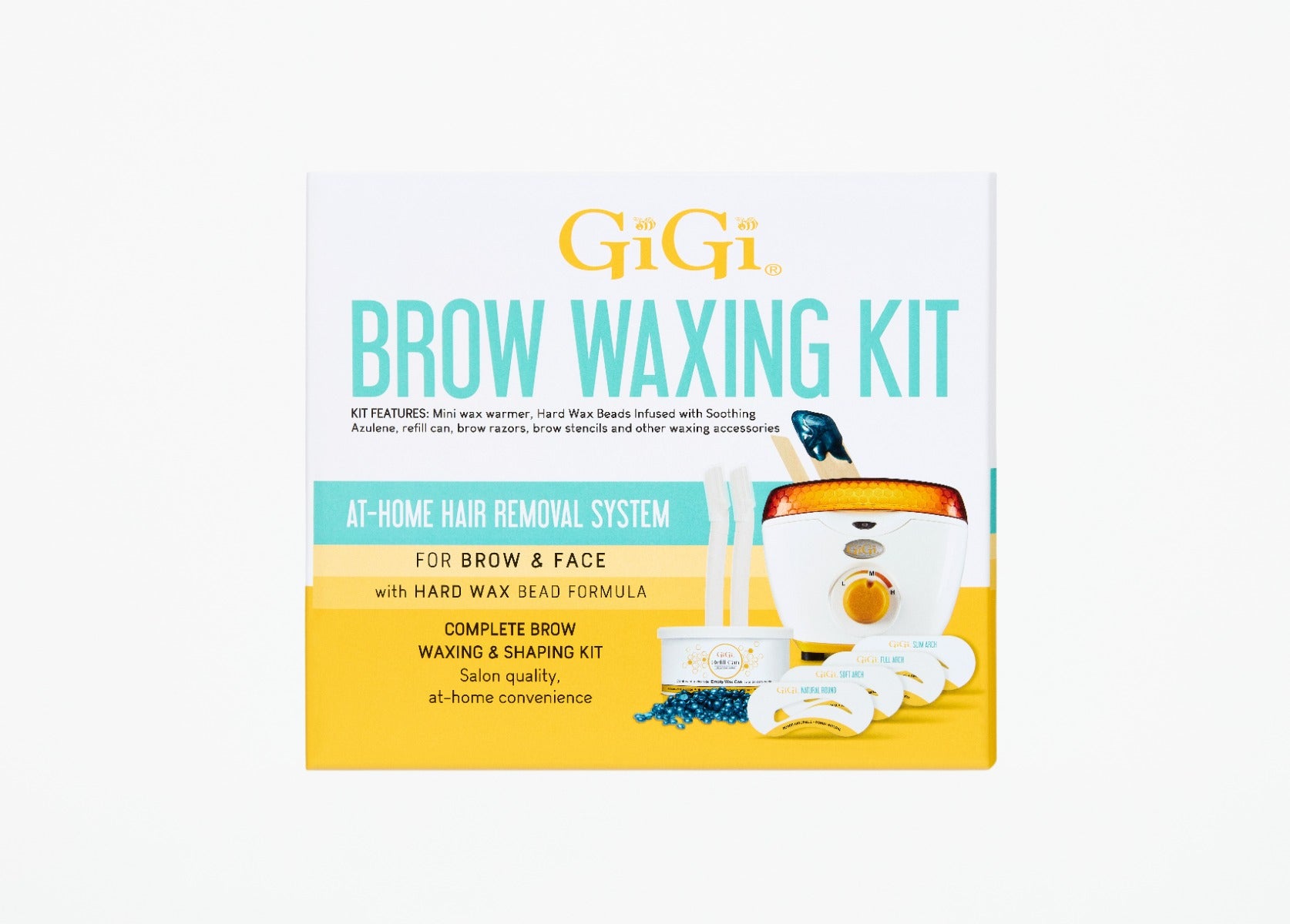 Front side view of the Brow Waxing Kit with features written on it 