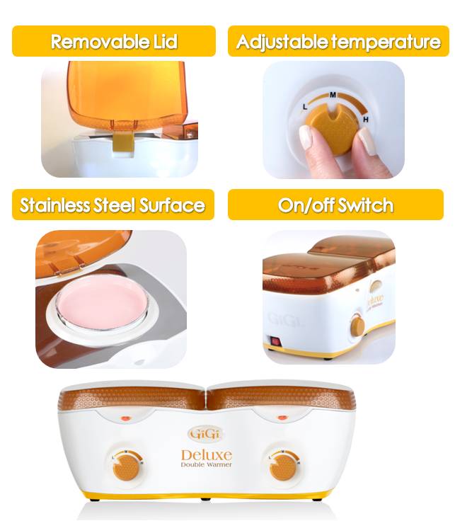 Informational layout Double Wax Warmer's removable lid, adjustable temperature, stainless steel surface, & On/Off Switch